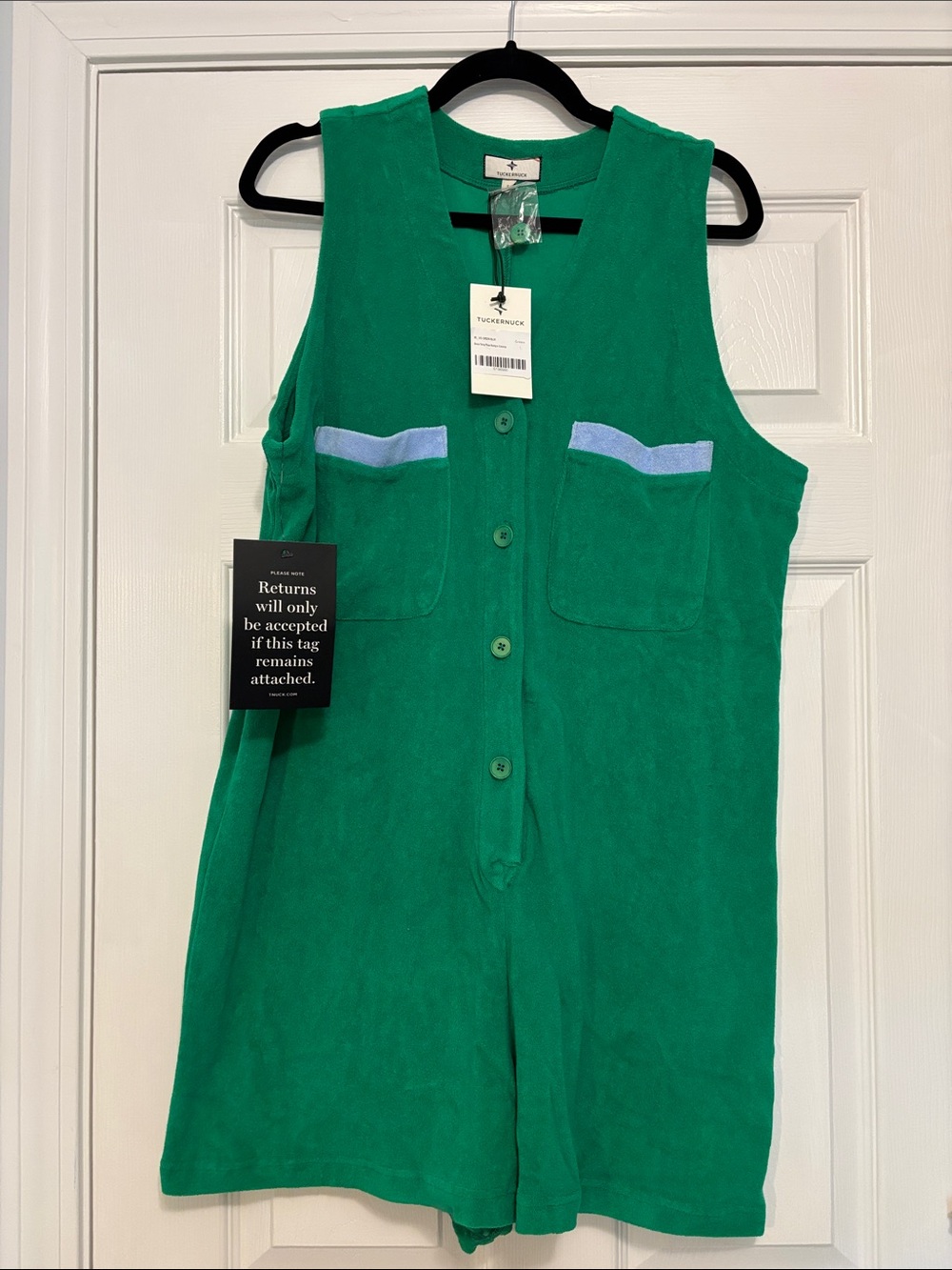 Tuckernuck Green Terry Romper with Light Blue Trim